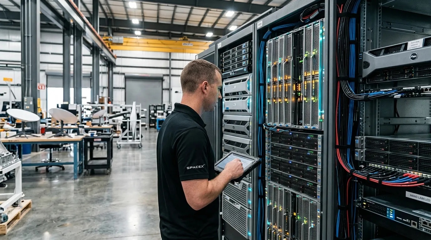 High-performance computing server chassis containing Nvidia GPUs illuminated by blue status lights inside an advanced aerospace engineering testing facility.