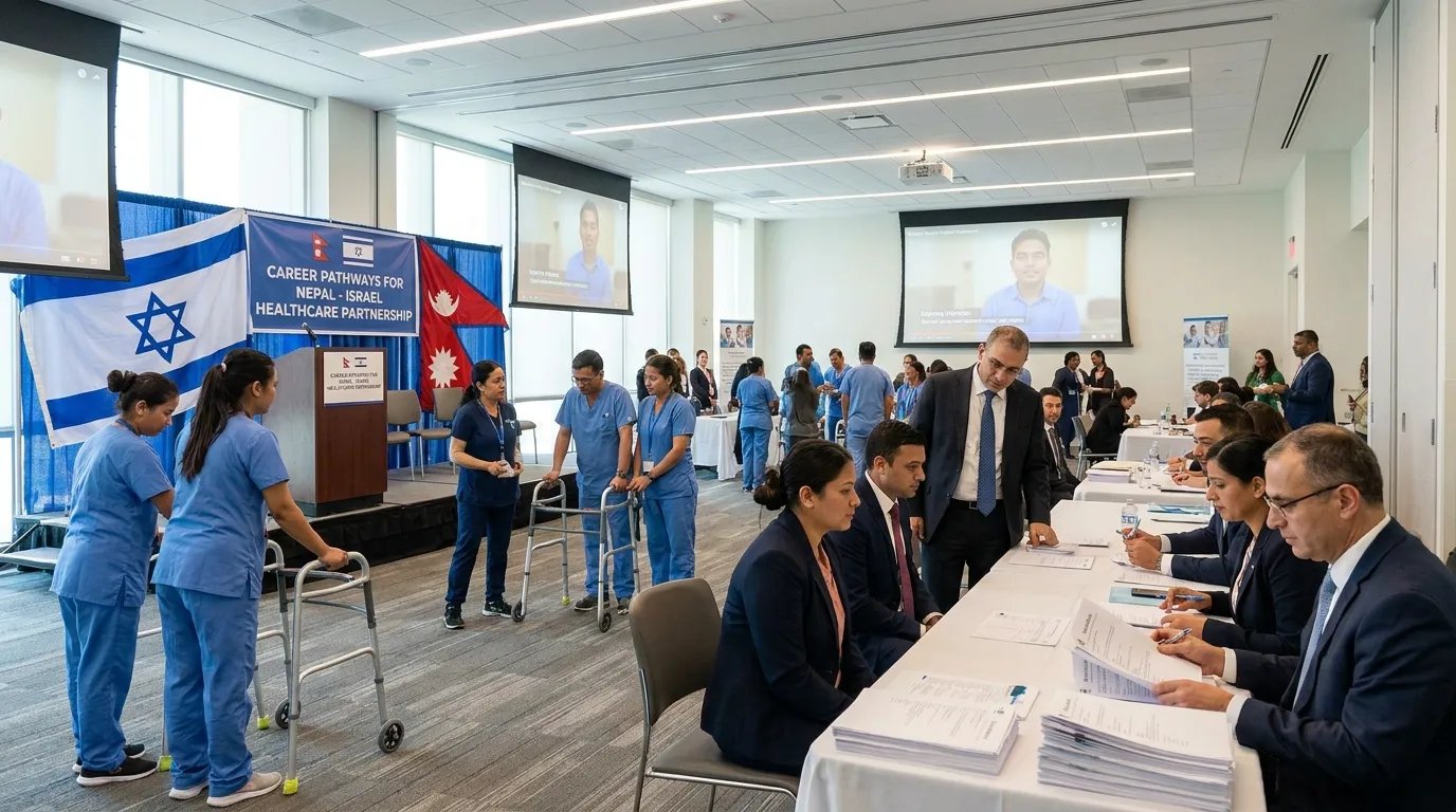 Nepali healthcare and caregiver candidates attending an overseas employment orientation session for caregiver jobs in Israel, with training materials and application documents visible.