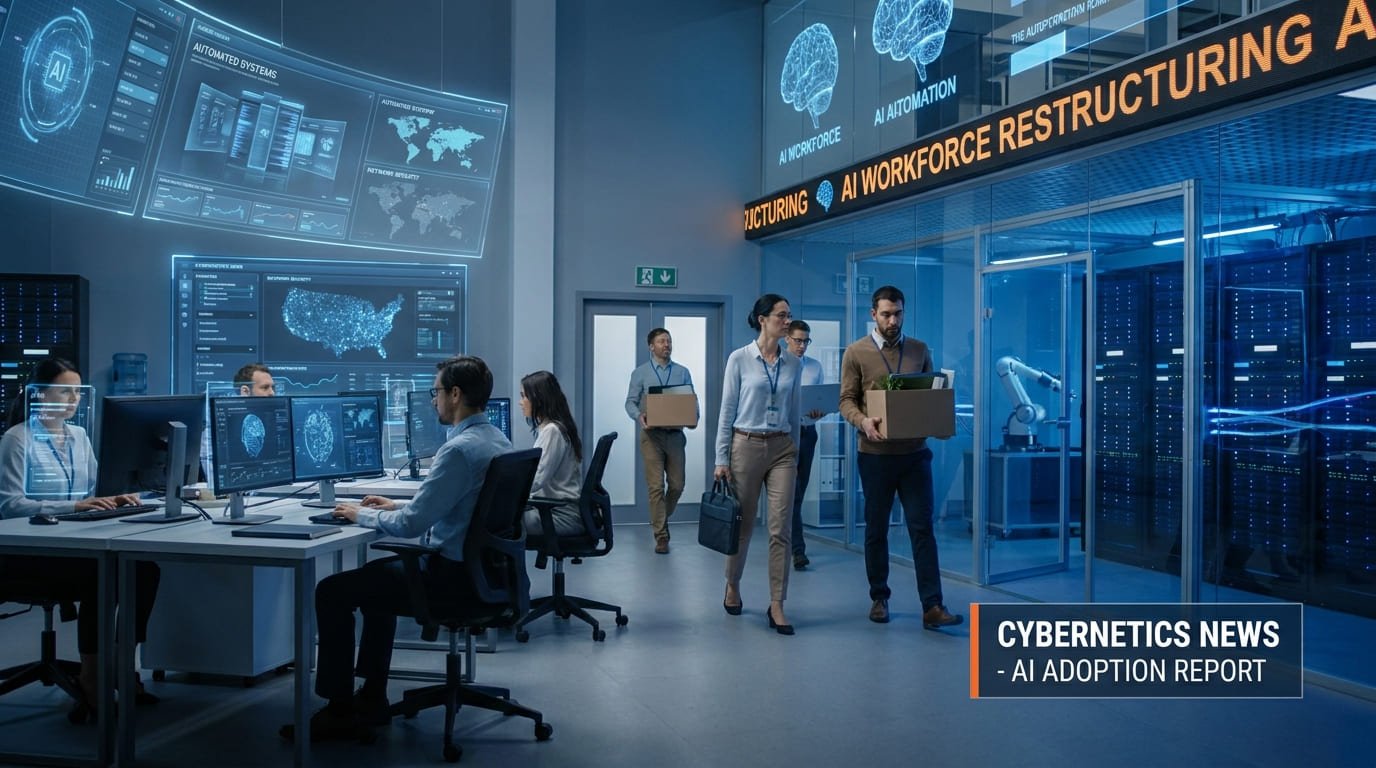 A futuristic office environment with cybersecurity dashboards, AI holographic interfaces, and employees working alongside digital automation systems while some workers exit a corporate tech office, symbolizing AI-driven workforce restructuring.