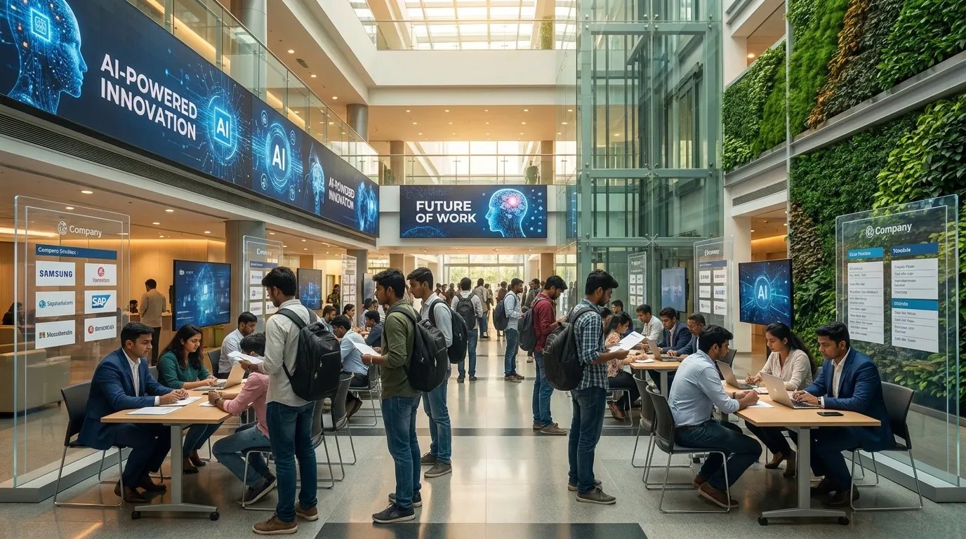 Young technology graduates attending campus recruitment interviews for AI and software engineering roles at multinational Global Capability Centres in India.