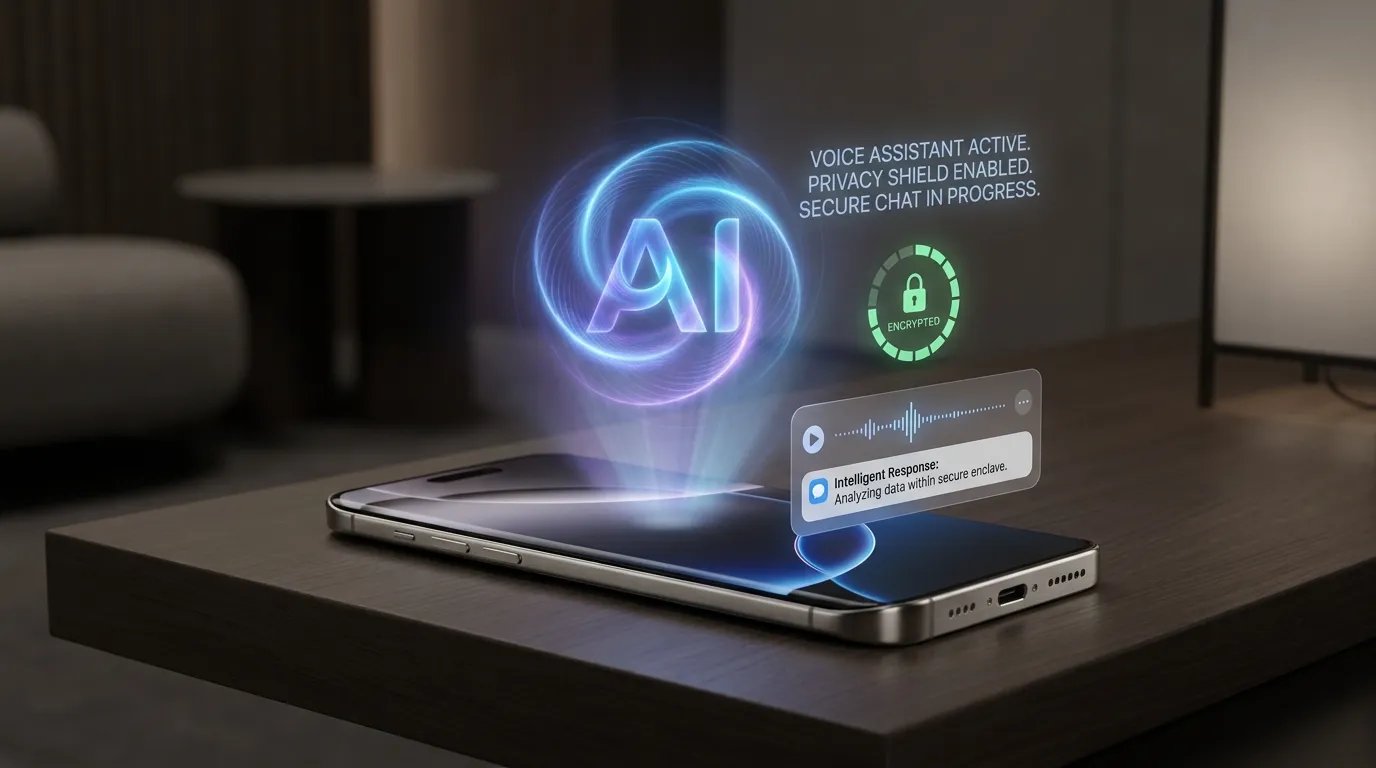 Ultra-realistic futuristic AI assistant visual showing Apple-style privacy-focused technology, smart voice assistant interaction, and secure conversational AI systems.