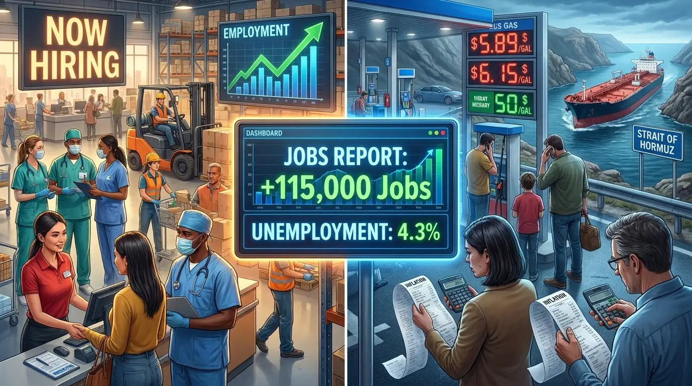 American office workers, healthcare staff, and transportation employees working alongside financial charts and economic data screens symbolizing strong US job growth amid inflation and global uncertainty.