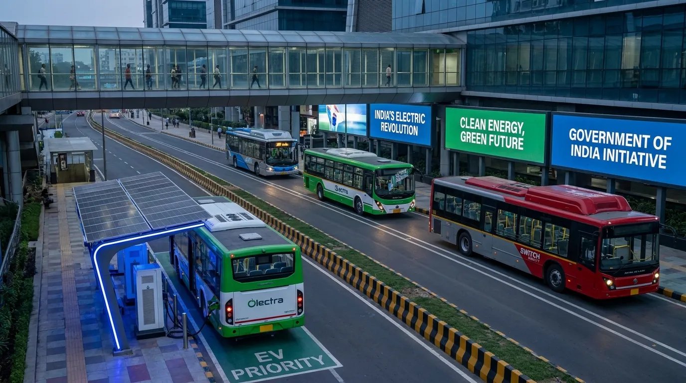 Ultra-realistic electric mobility scene showing Indian electric buses, advanced EV infrastructure, and clean transportation technology growth.