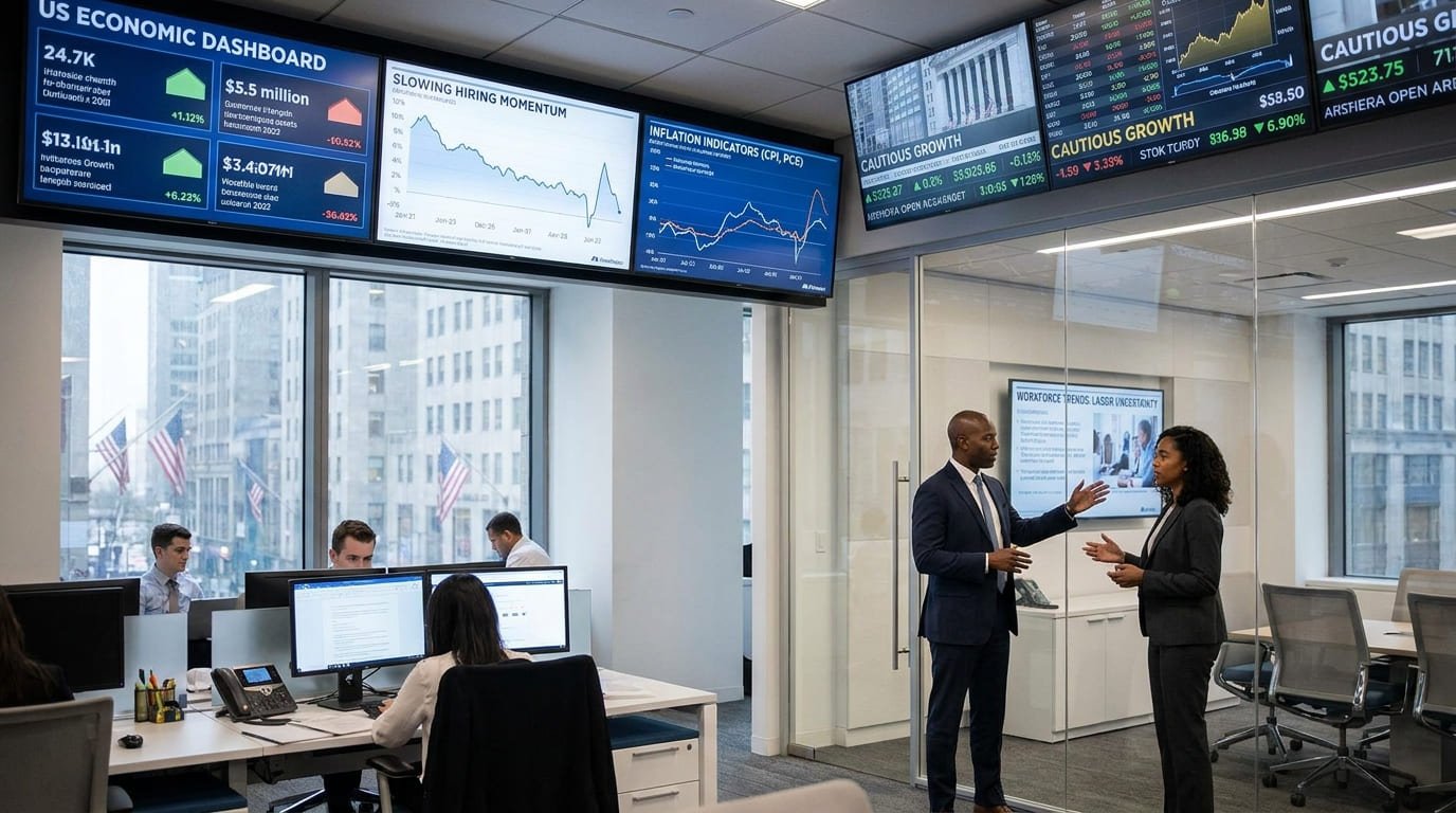Workers inside a modern American office environment with economic charts, hiring data dashboards, and inflation graphics displayed on digital screens while financial district buildings appear in the background.