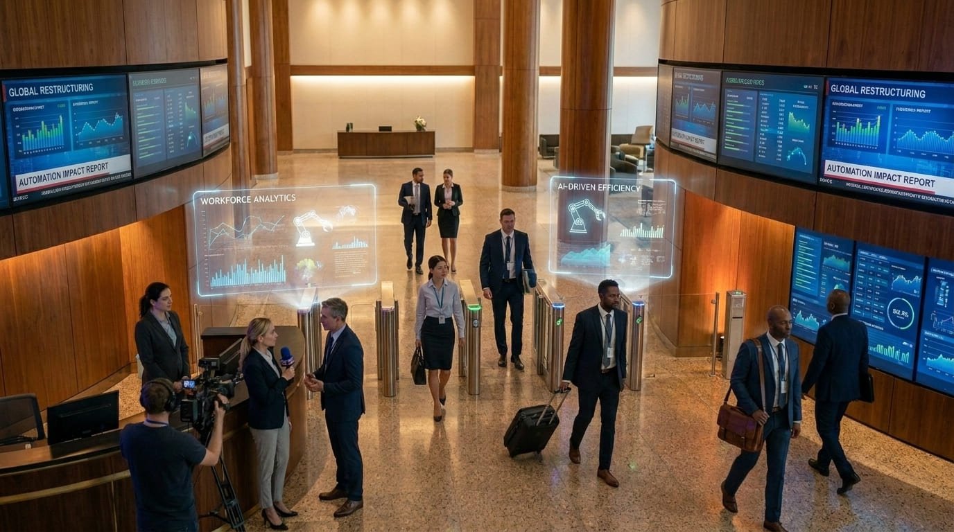A modern corporate office with employees leaving workstations while large AI dashboards, automation graphics, and futuristic digital analytics screens dominate the background, symbolizing AI-driven layoffs and workforce restructuring.
