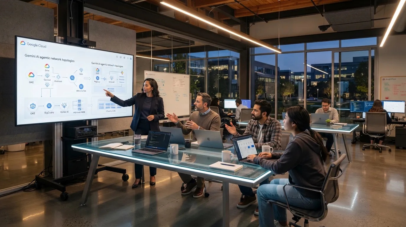 Software developers at Cognizant collaborating with Google Cloud Gemini AI models on multi-monitor workstations.