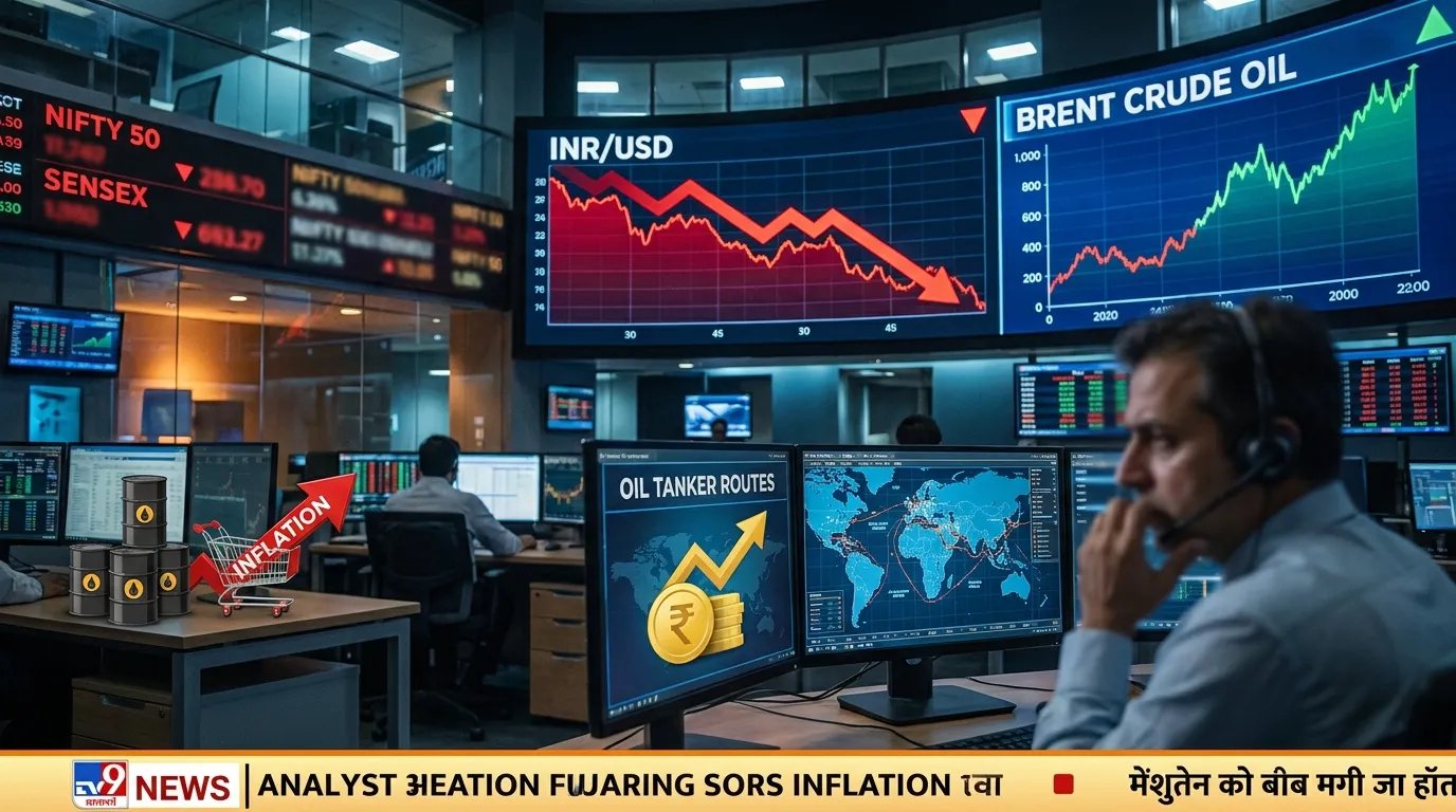 Ultra-realistic cinematic financial market image showing Indian rupee depreciation, forex trading screens, rising crude oil prices, stock market volatility, gold market movement, and global economic pressure visuals.
