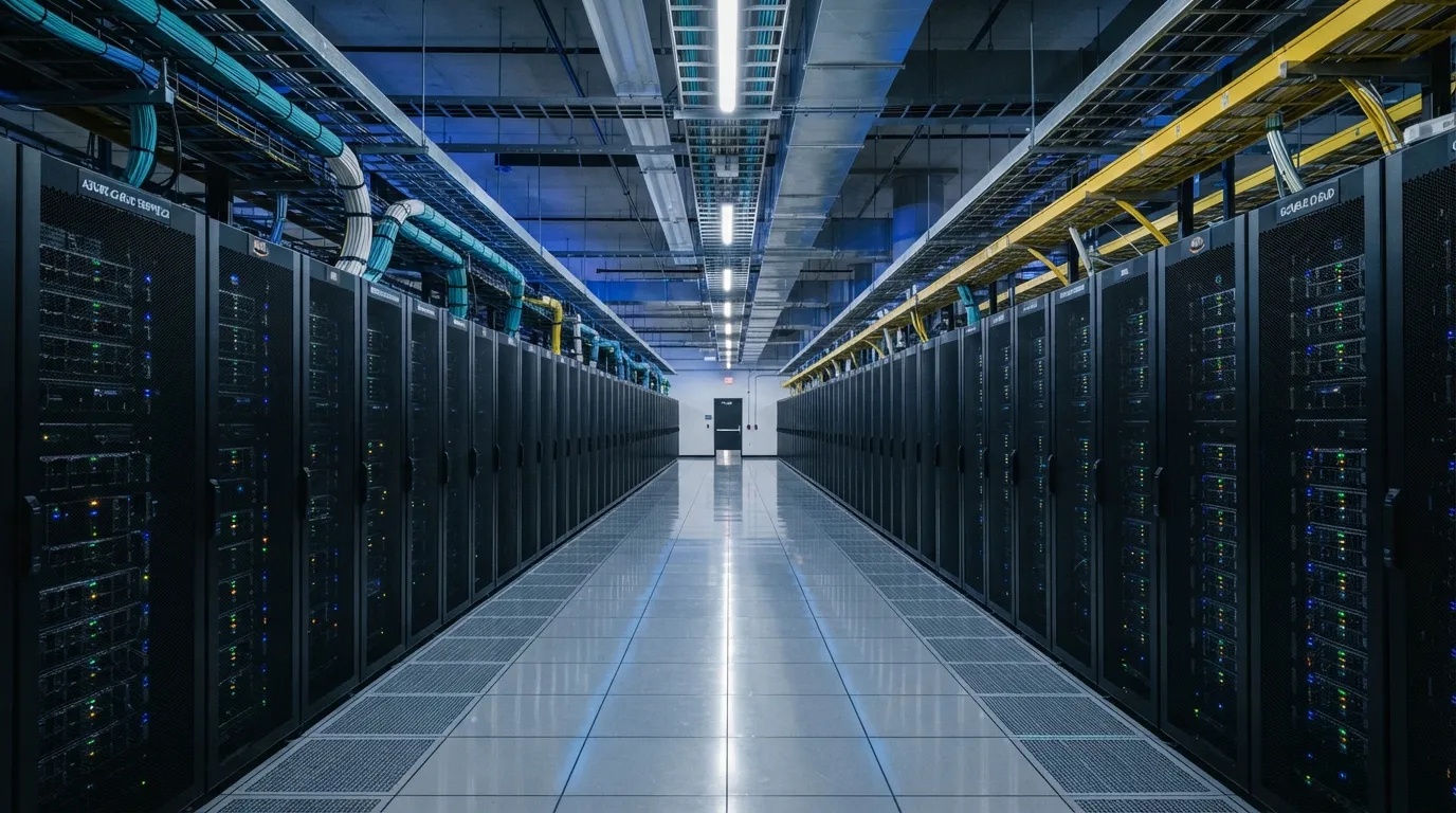 High-density data center server racks glowing blue with computational infrastructure hardware under bright industrial LED lights.