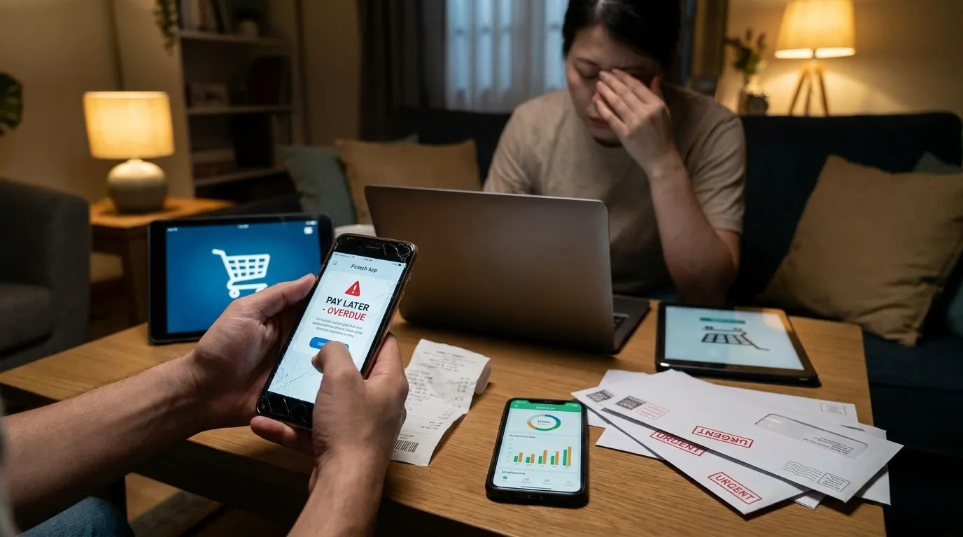Ultra-realistic editorial finance photograph showing digital payment systems, buy-now-pay-later mobile apps, overdue payment notifications, household budgeting stress, consumer debt themes, and financial hardship visuals. Cinematic newsroom photography style with realistic smartphone payment interfa