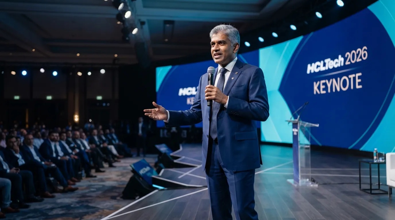 HCLTech Chief Executive Officer C Vijayakumar delivering an executive address on enterprise technology transformation.