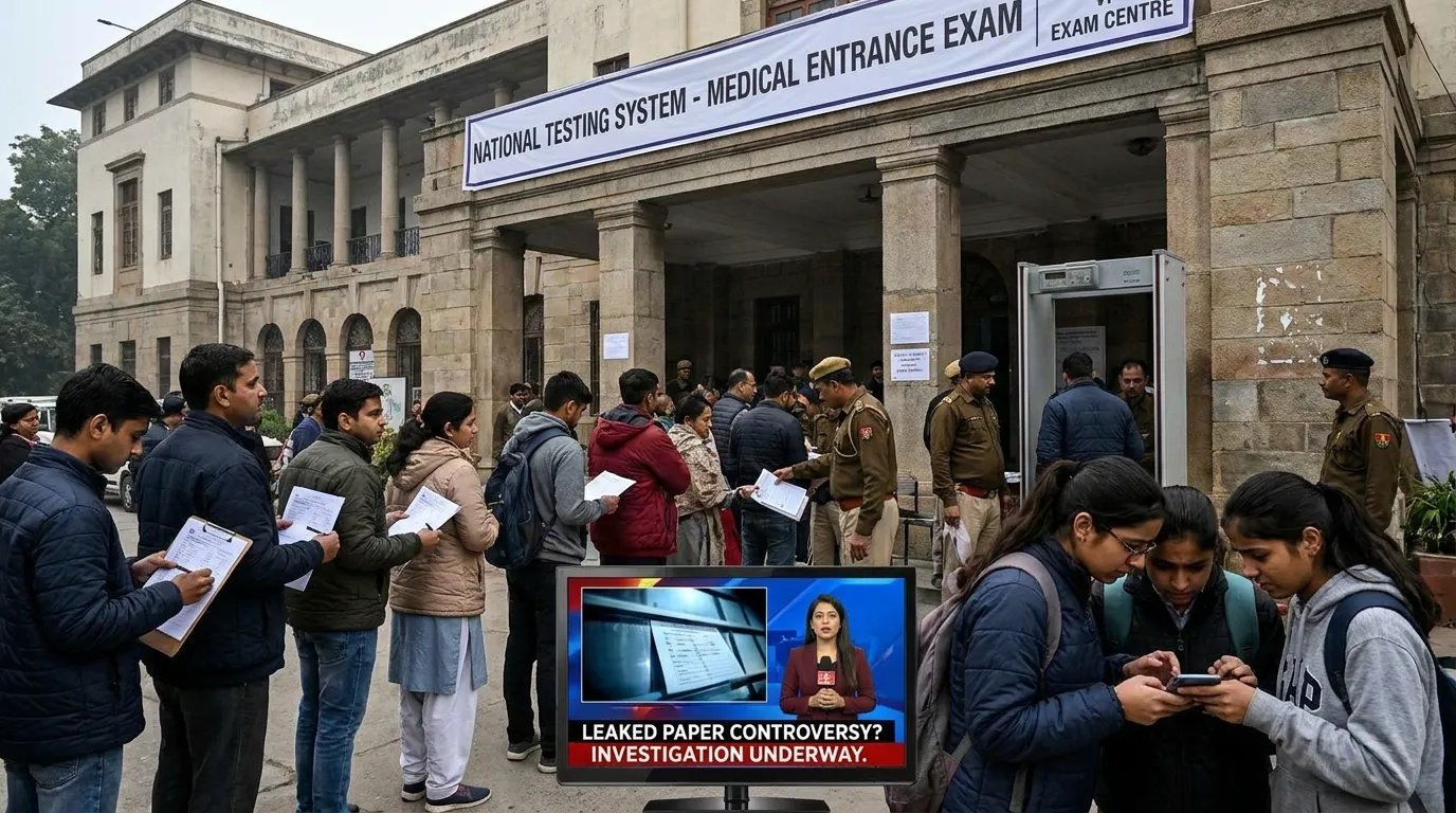 Ultra-realistic educational examination scene showing students outside competitive exam centres, admit cards, exam hall atmosphere, investigation visuals, digital cheating concerns, and national testing system themes. Cinematic editorial news photography style with realistic educational environments