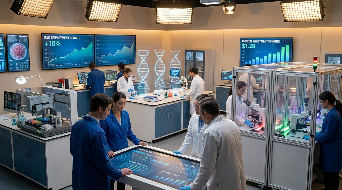 Scientists and biotech researchers working inside a futuristic laboratory with digital medical displays, DNA graphics, pharmaceutical research equipment, and hiring analytics dashboards symbolizing growth in biotech R&D employment.