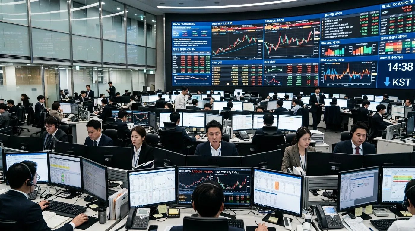 Foreign exchange traders monitor multiple currency trading screens inside a South Korean bank dealing room.