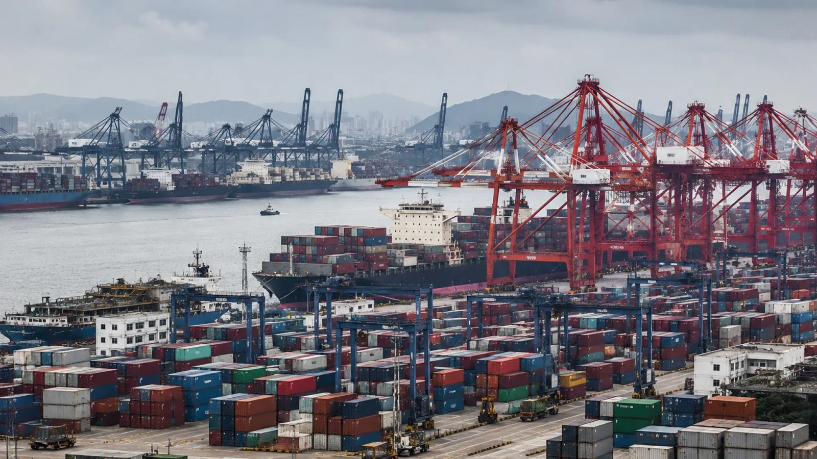 Container ships at a Chinese port as economic data highlights slower second-quarter growth and continued reliance on exports.