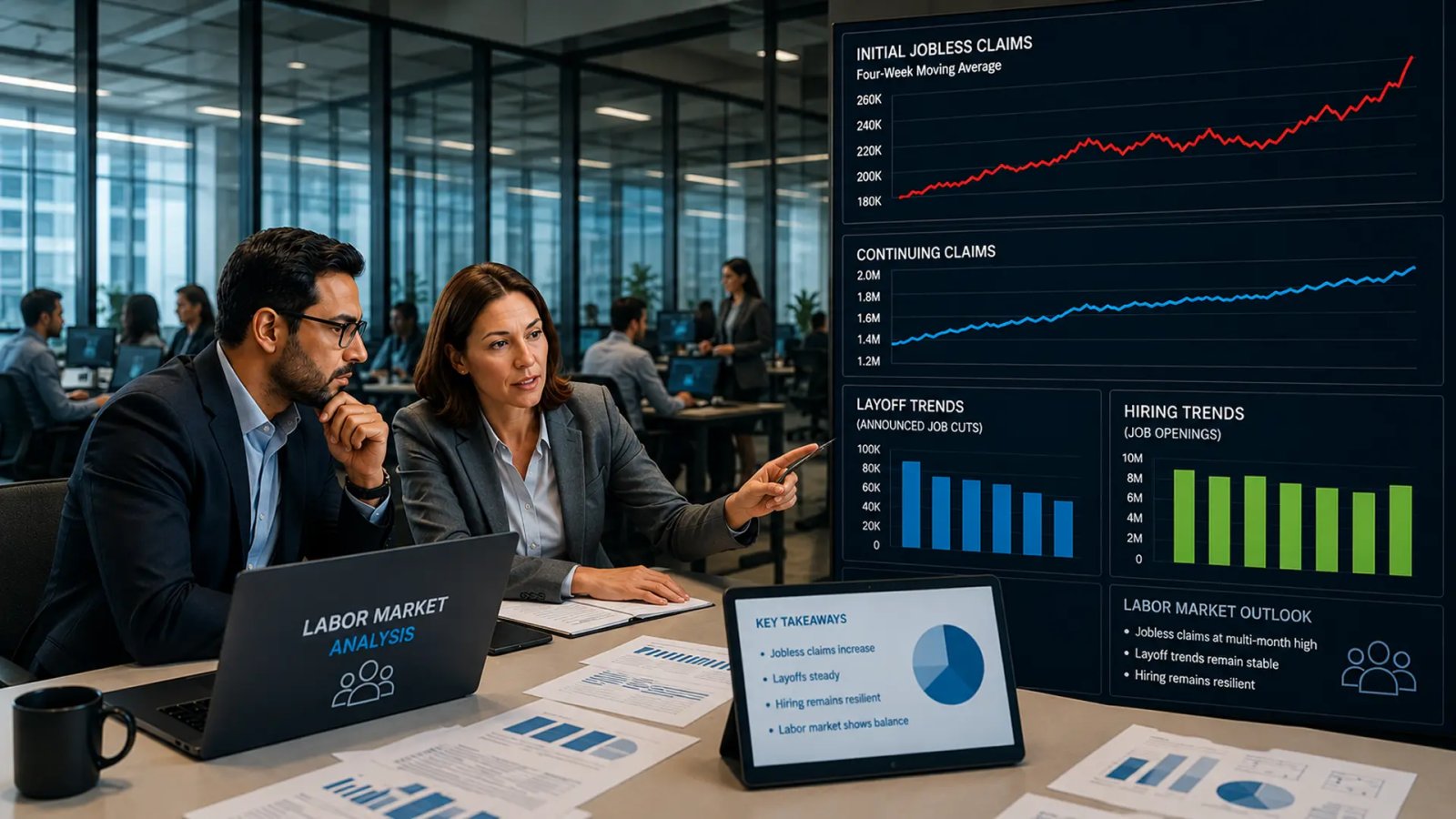Professionals reviewing labor market and unemployment claims data on computer screens.