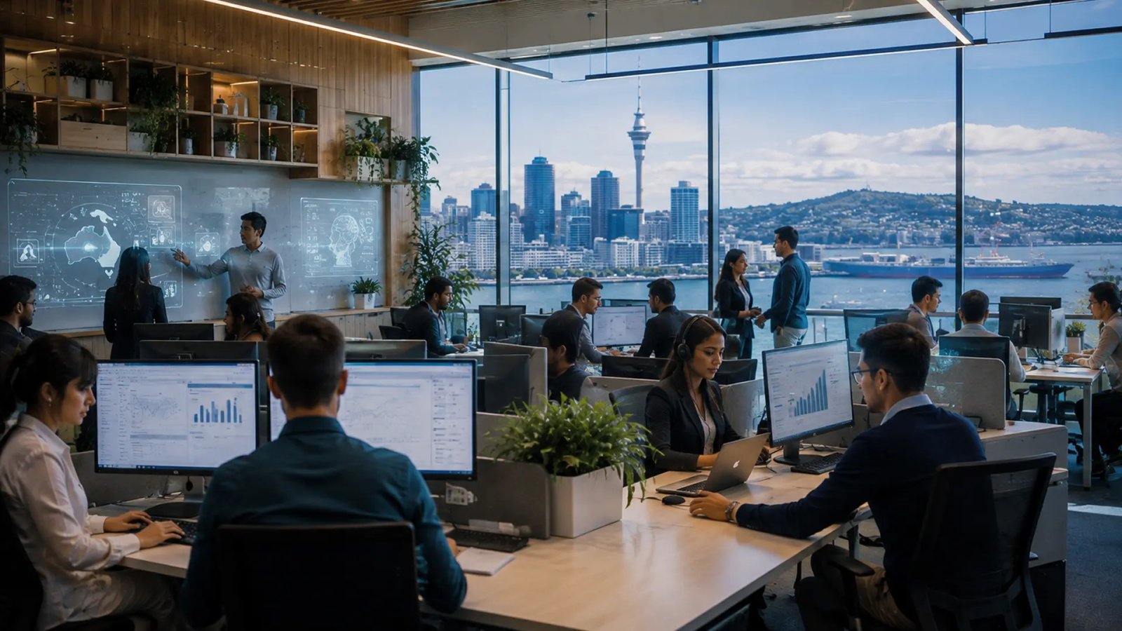 Office professionals working in a modern workplace alongside AI technology, representing the impact of artificial intelligence on employment and office space demand.