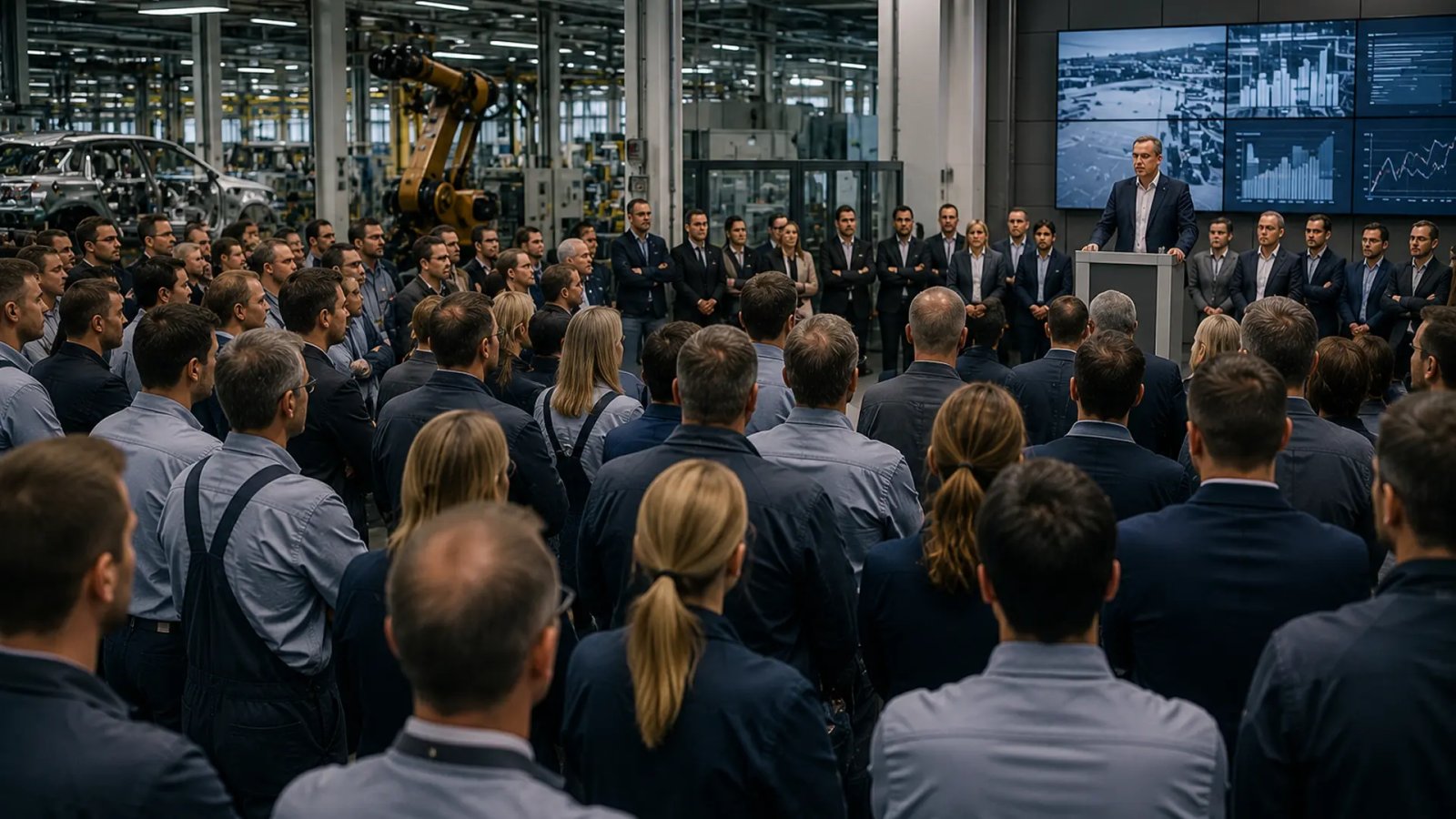 Volkswagen employees and company leadership amid discussions over restructuring, job cuts and the future of German manufacturing plants.