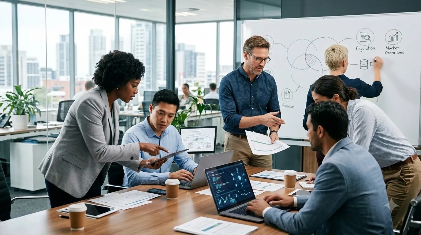 Professionals collaborating across technology, data, operations and business functions in a modern workplace.