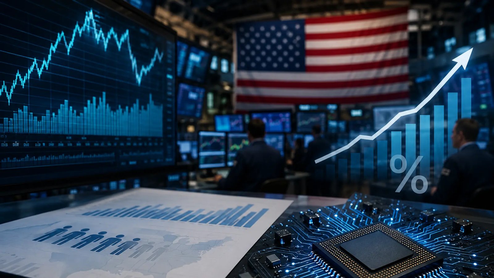 Digital display showing stock market data alongside financial charts representing investor focus on U.S. jobs data and interest rate expectations
