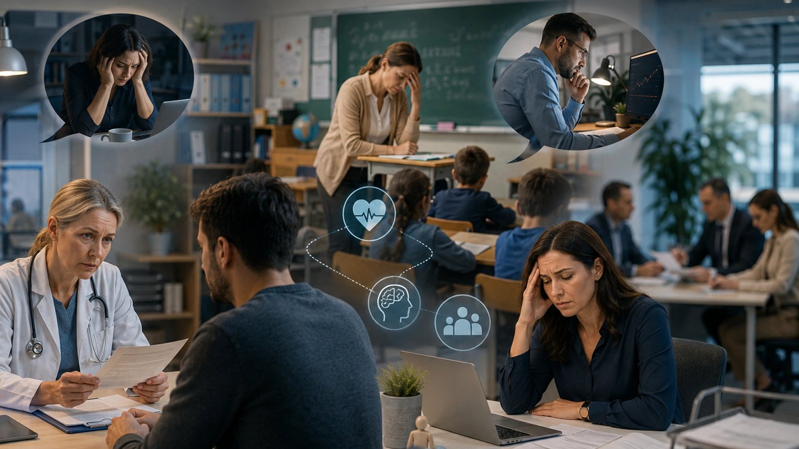 Healthcare workers and teachers in a professional workplace setting, representing discussions around sick leave policies, employee wellbeing, and workplace conditions in Germany.