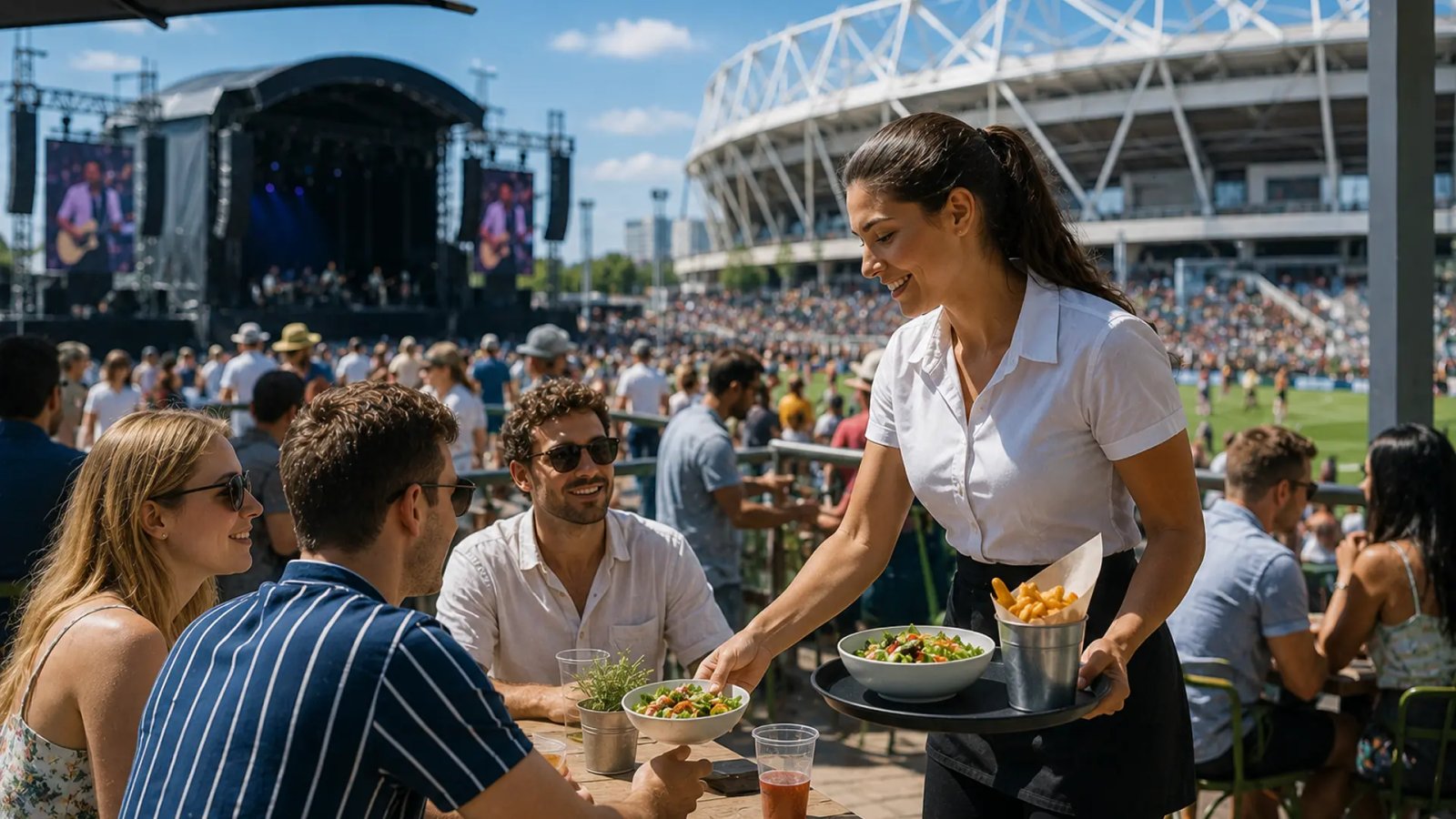 Workers serving customers at an outdoor summer event, representing the recovery in seasonal UK employment.