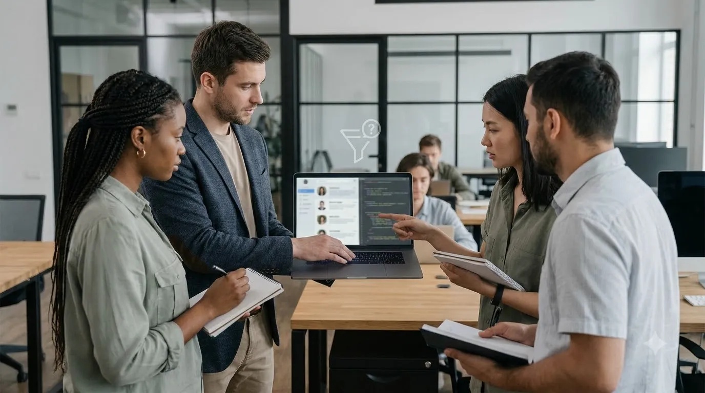 Job applicant reviewing an AI-powered recruitment system on a computer in a modern office.