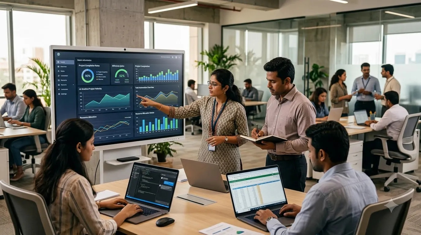 Wipro employees working with AI technology in a modern Indian IT office environment