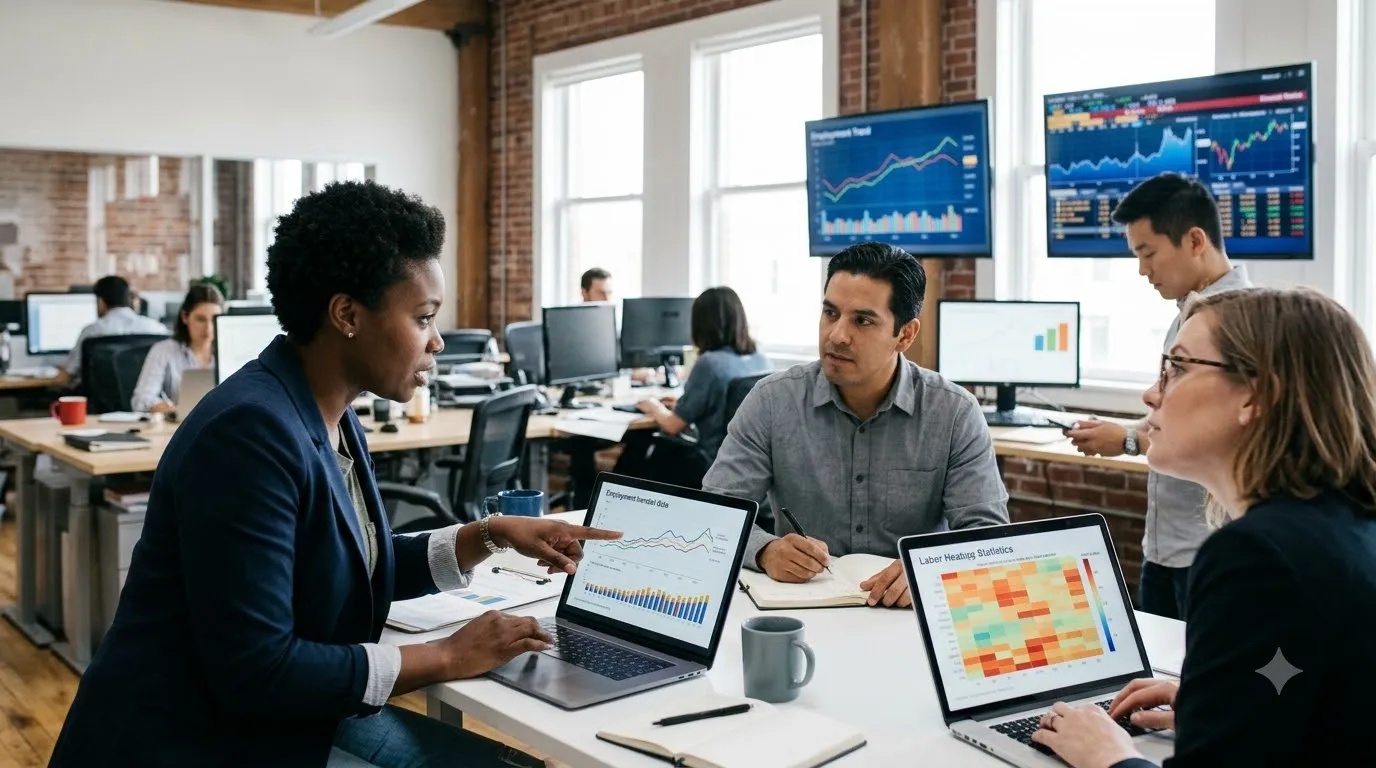 U.S. workers reviewing employment information and unemployment data in a modern office setting