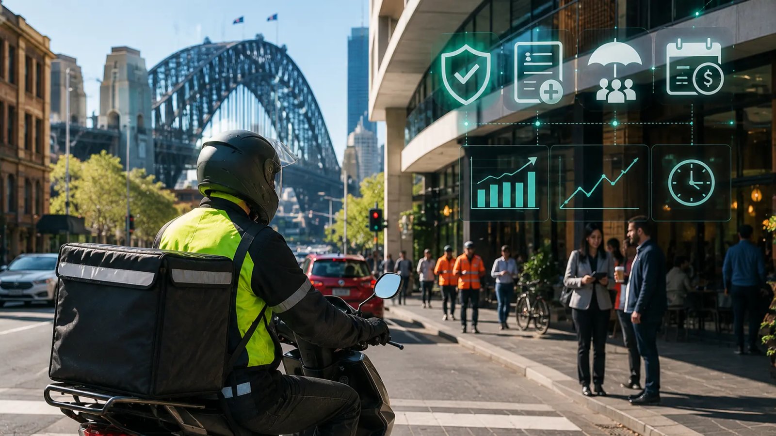 Gig delivery worker riding a motorcycle through an Australian city while working on a food delivery, representing new minimum pay and insurance standards.