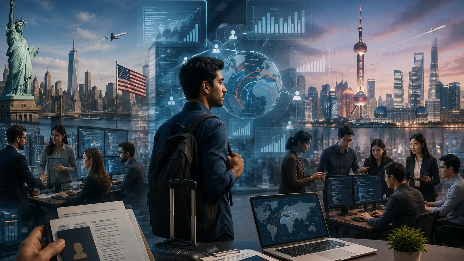 Technology professionals working in an office while considering career opportunities in India, China and the United States