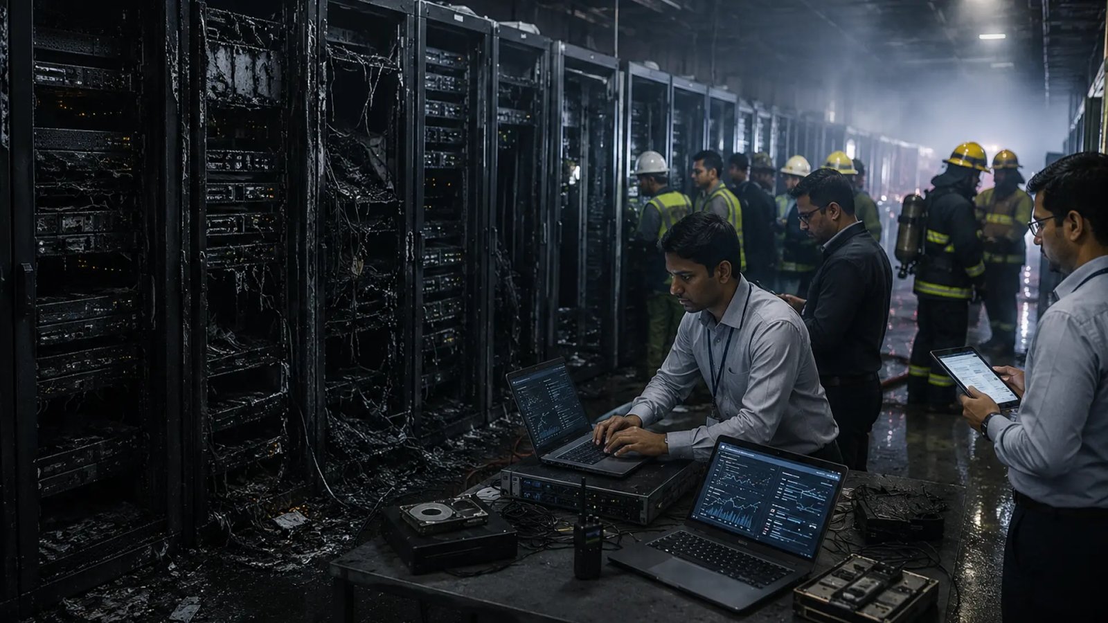 Damaged server infrastructure inside a Delhi data centre following a fire that disrupted services and raised data recovery concerns.