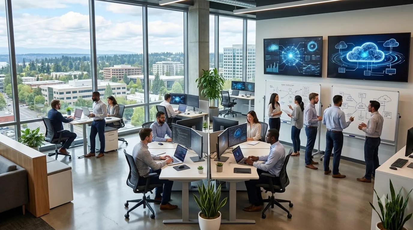 Goldman Sachs engineers working on AI and cloud technology at a modern Bellevue office