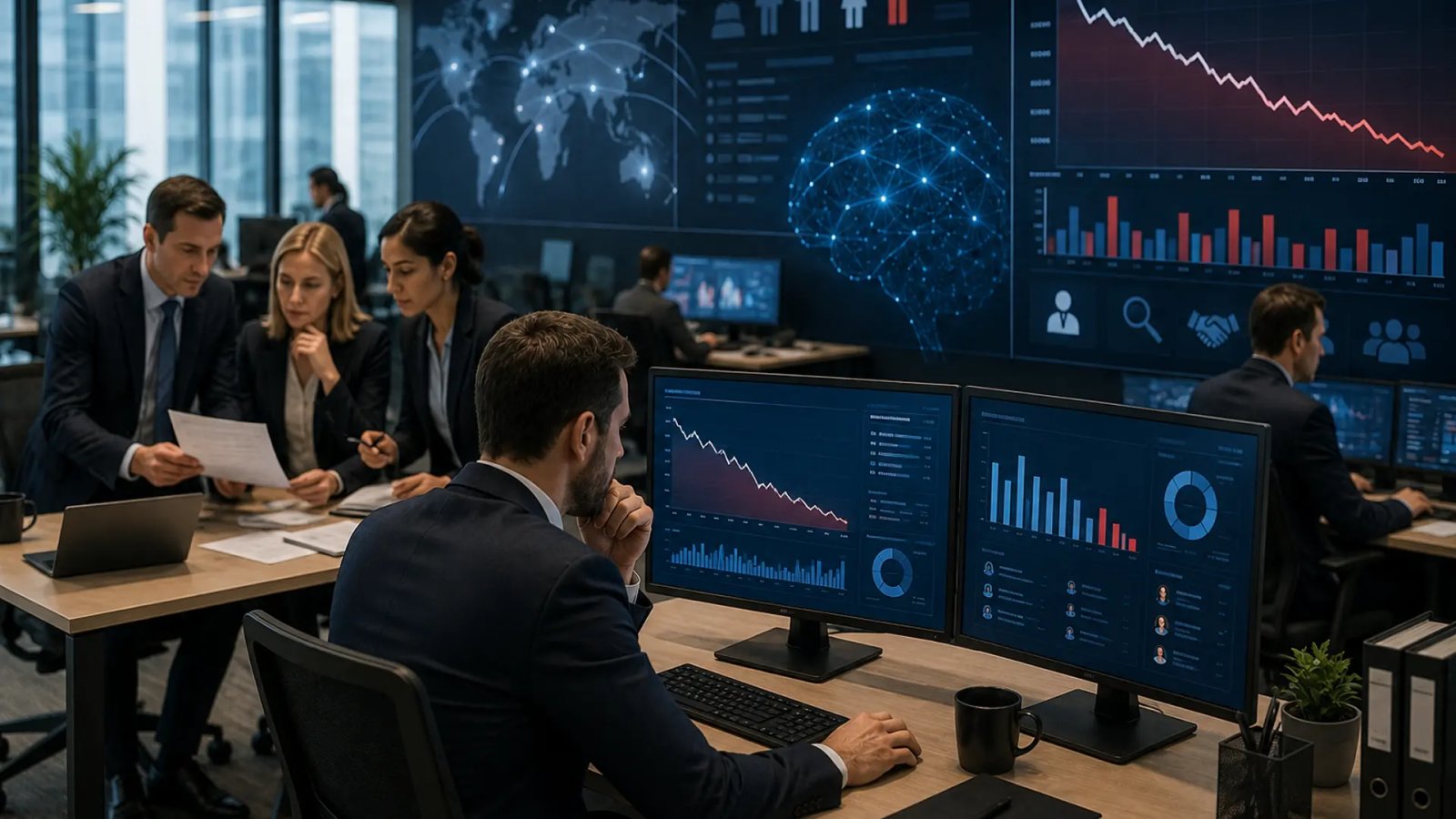 A recruitment consultant reviews hiring data on a computer while discussing employment trends in a modern office.