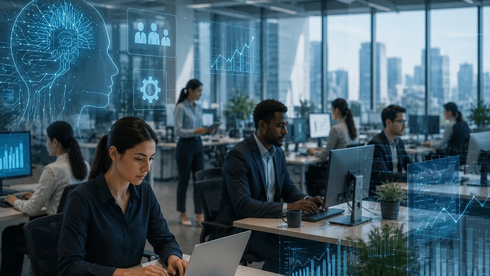 Professional workers using AI-powered digital tools in a modern office environment, illustrating the changing relationship between artificial intelligence and employment.