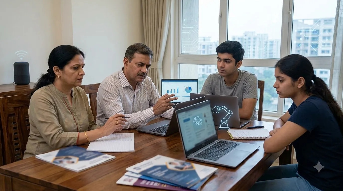 Indian parents and students discussing education and future career choices in the age of artificial intelligence