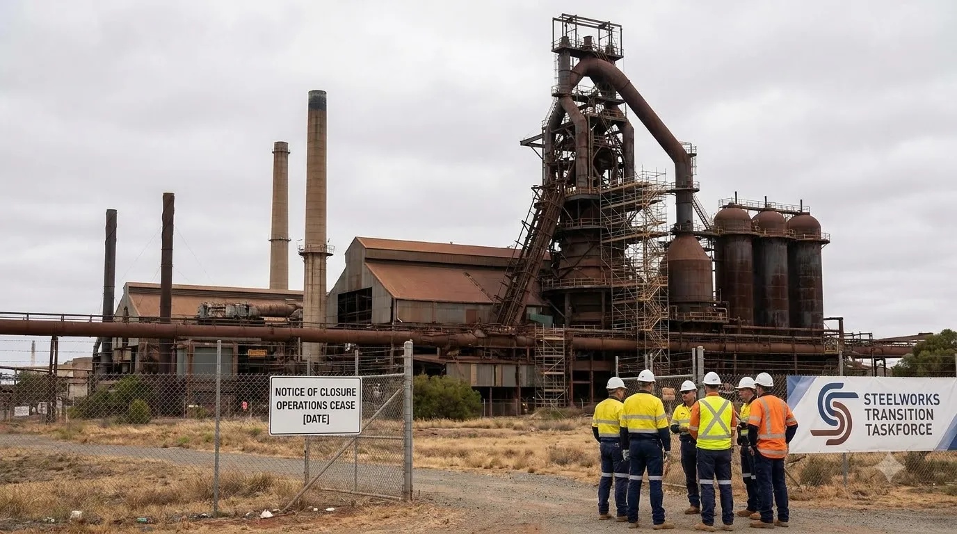Workers and industrial facilities at the Whyalla steelworks in South Australia following the announcement of the blast furnace shutdown.