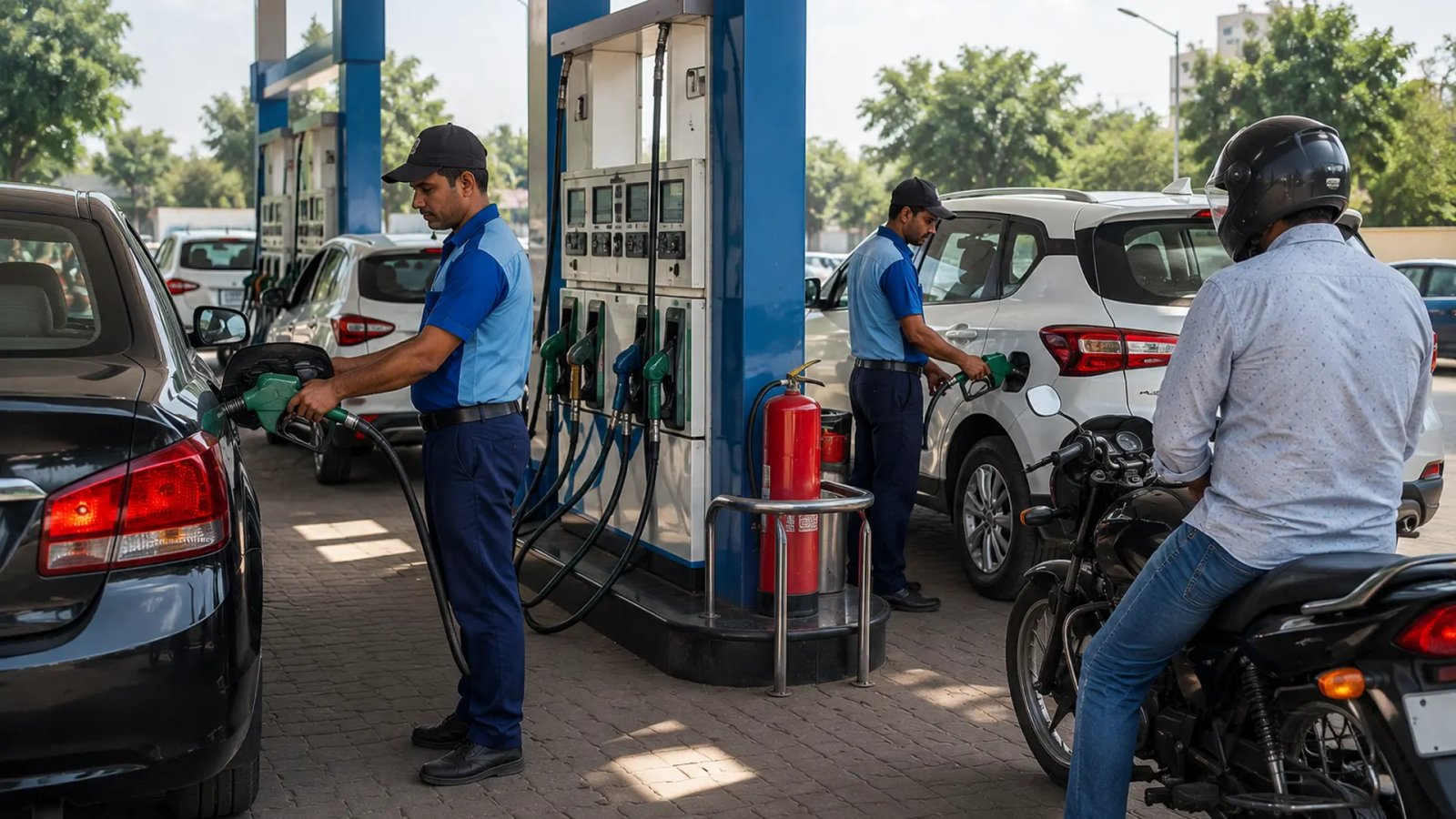 Vehicles refuelling at a petrol station in India.