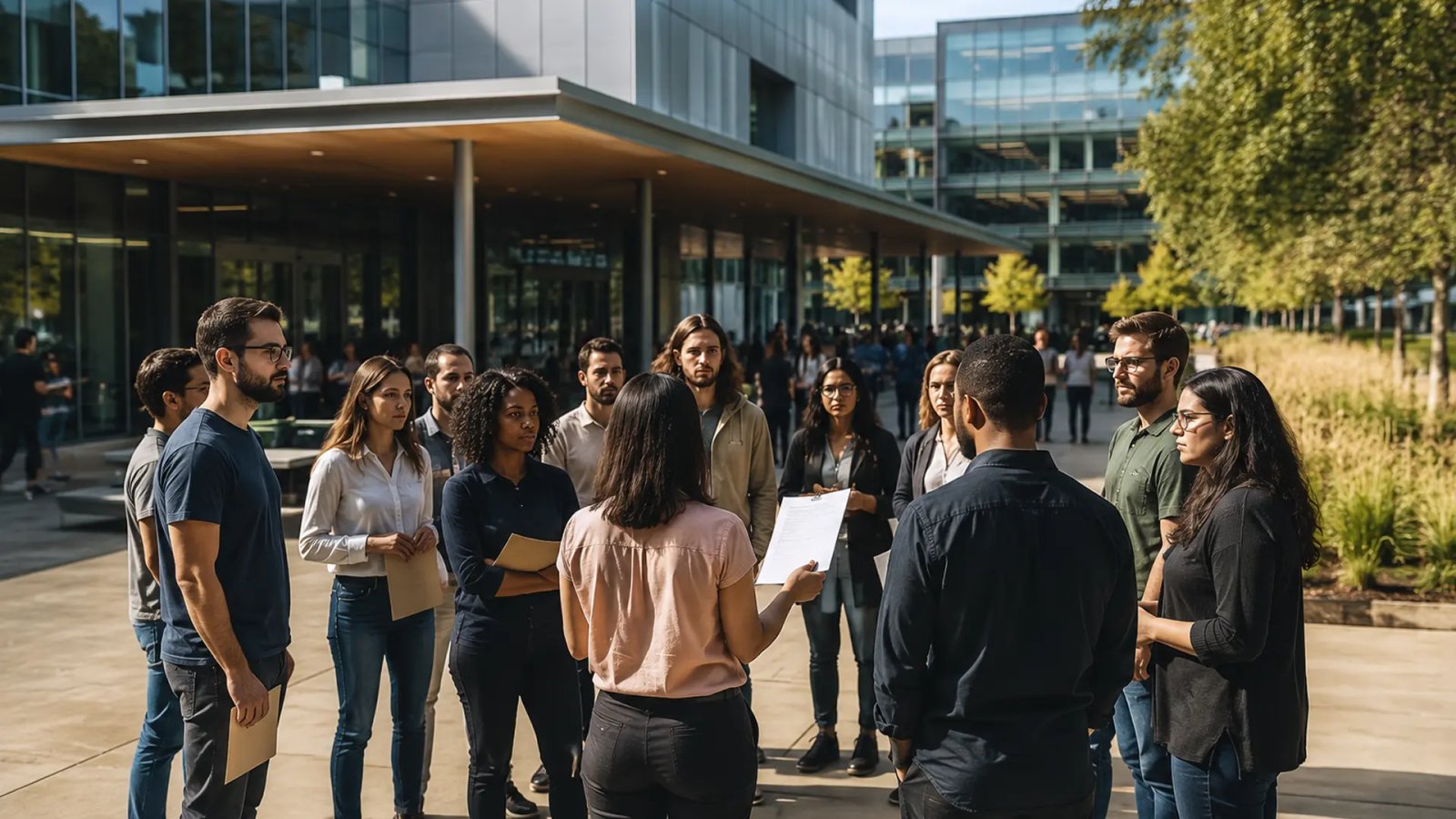 Google employees gather outside the company's headquarters after submitting a petition requesting stronger layoff protections.