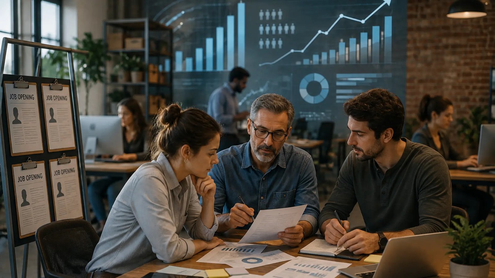 Small-business owners reviewing hiring and employment information in a modern office setting.