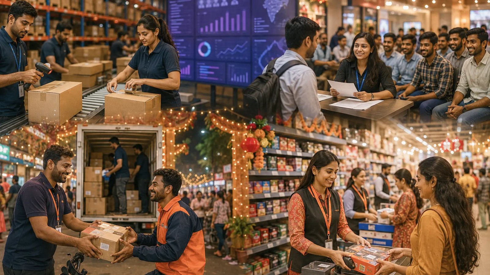 Indian workers preparing for festive season jobs in e-commerce, logistics, retail and quick commerce operations.