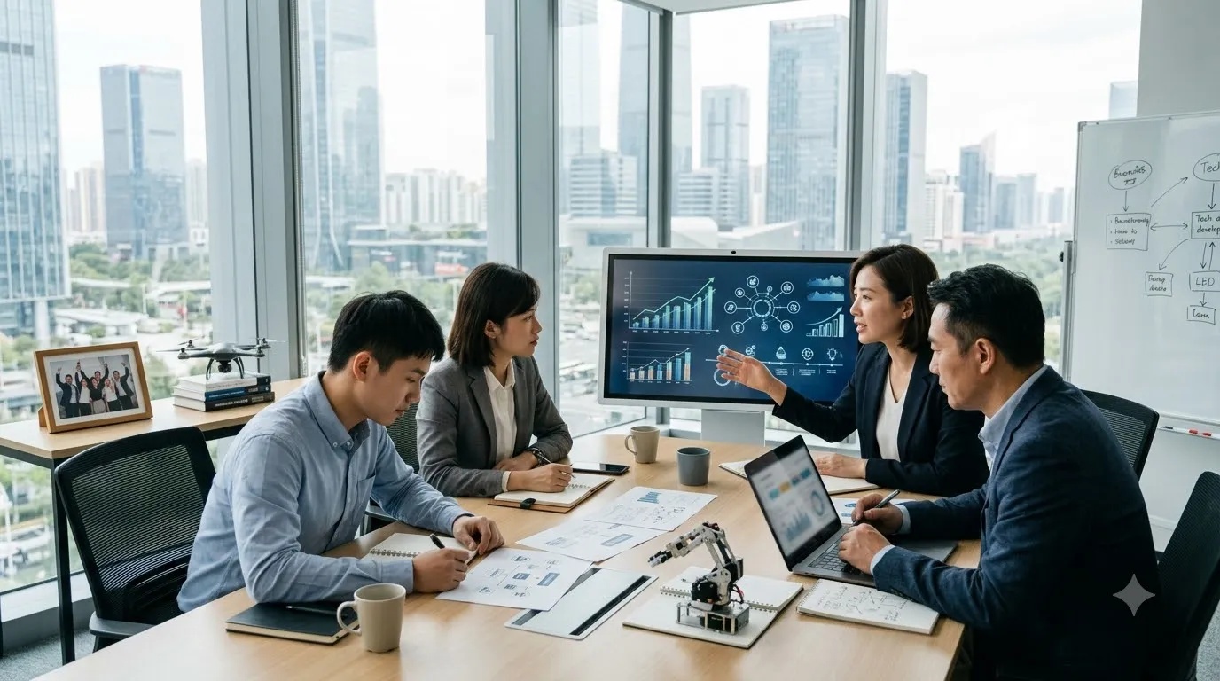 Chinese business professionals reviewing documents representing government support for small and medium-sized enterprises and innovation