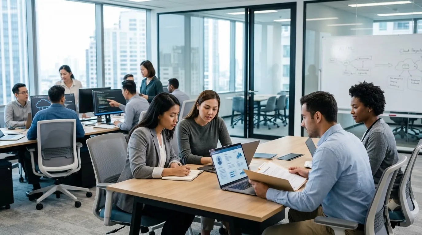 Professionals working on artificial intelligence and cloud computing projects in a modern technology office.