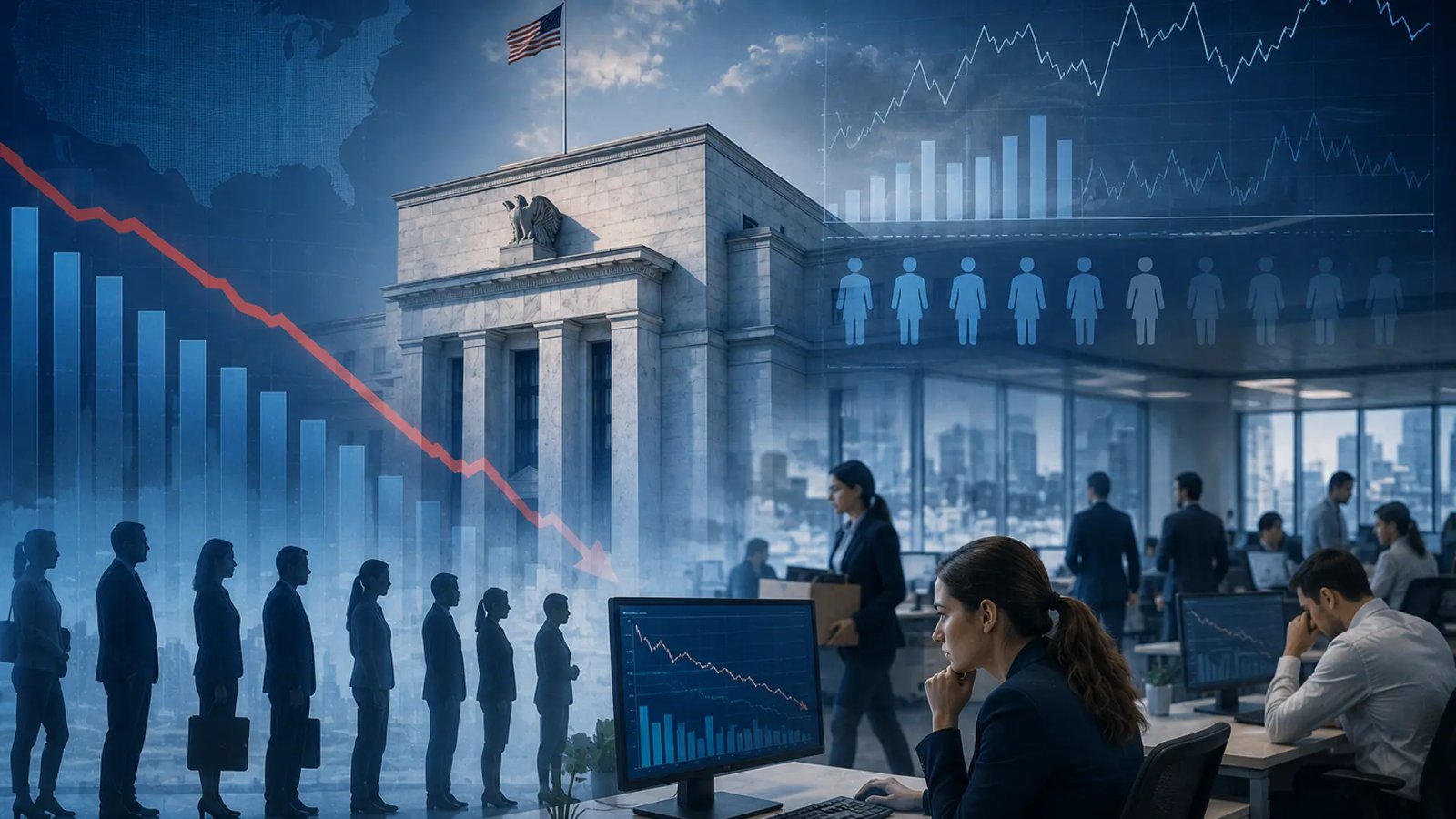 A U.S. worker walks through an office building as charts tracking employment and labor market indicators are displayed.