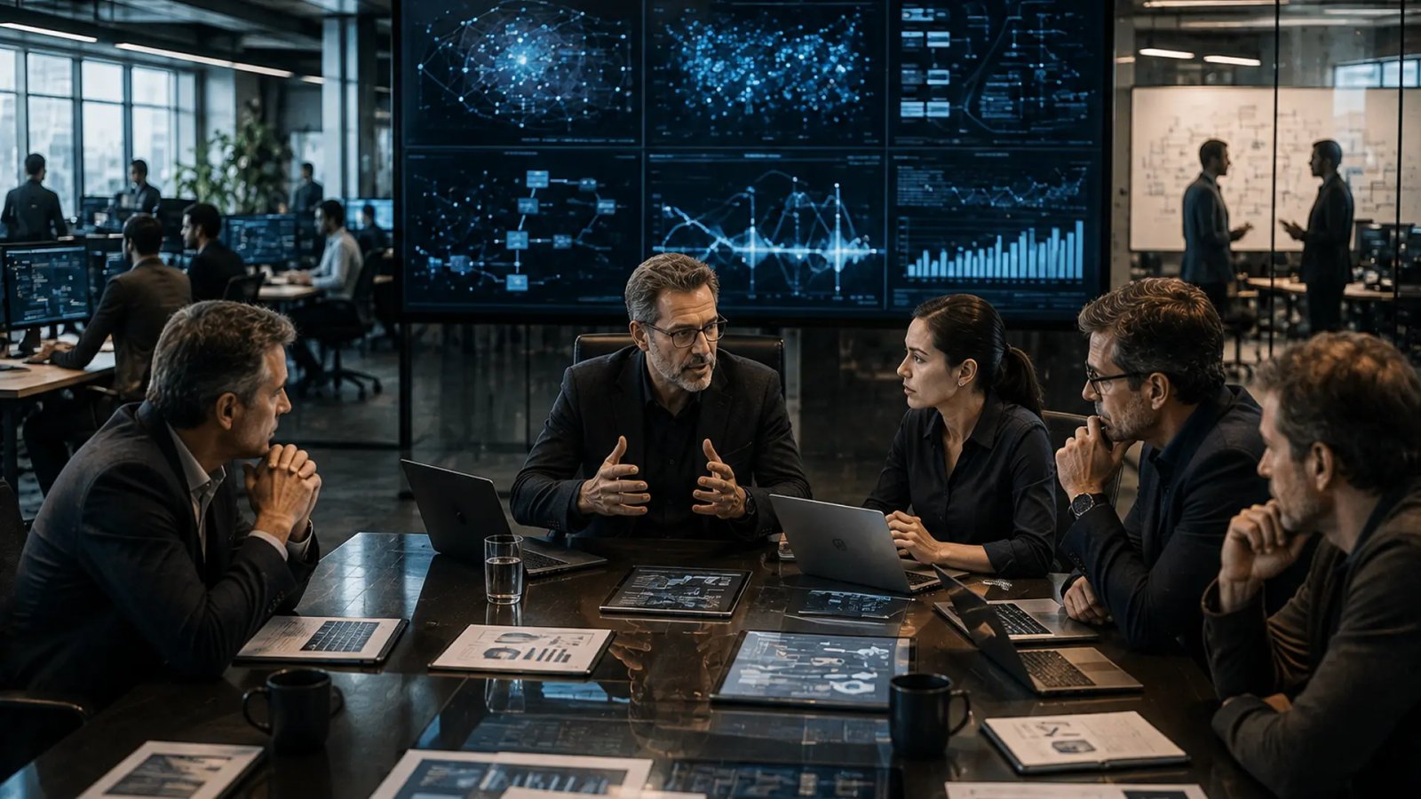 Google AI leadership restructuring and Gemini development shown in a modern technology office.