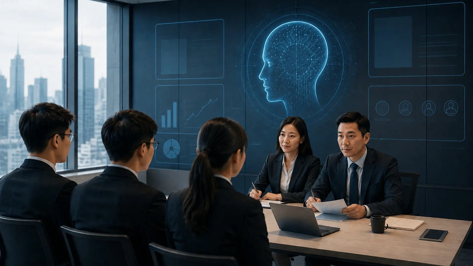 Professional job interview setting with AI technology elements and young graduates discussing career opportunities.
