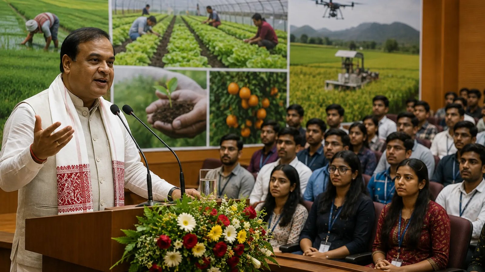 Assam Agriculture Minister Pijush Hazarika addressing agriculture students at Assam Agricultural University in Jorhat.