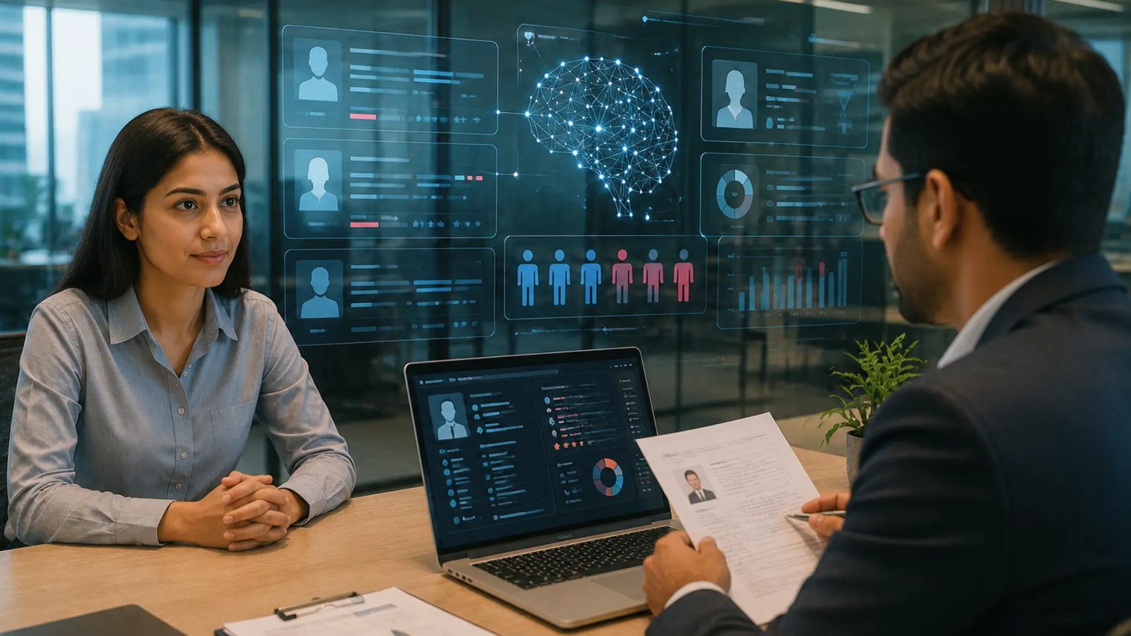A professional job candidate using a laptop while artificial intelligence technology and digital recruitment data are displayed in the background.