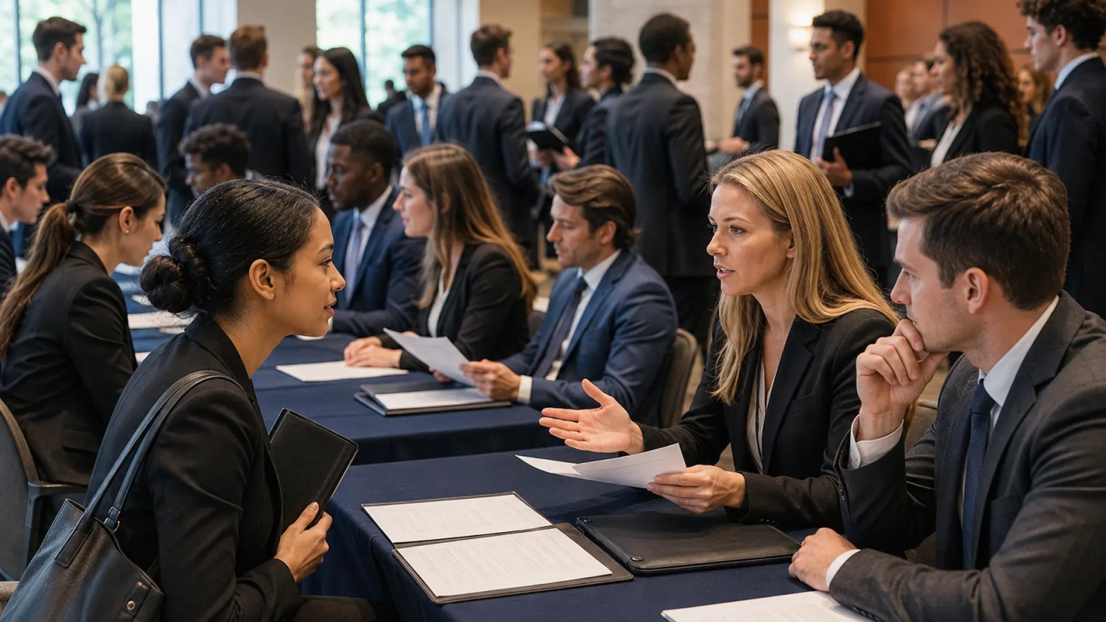 Law students attending a modern US law school career session as legal recruiters discuss early career opportunities and recruitment.