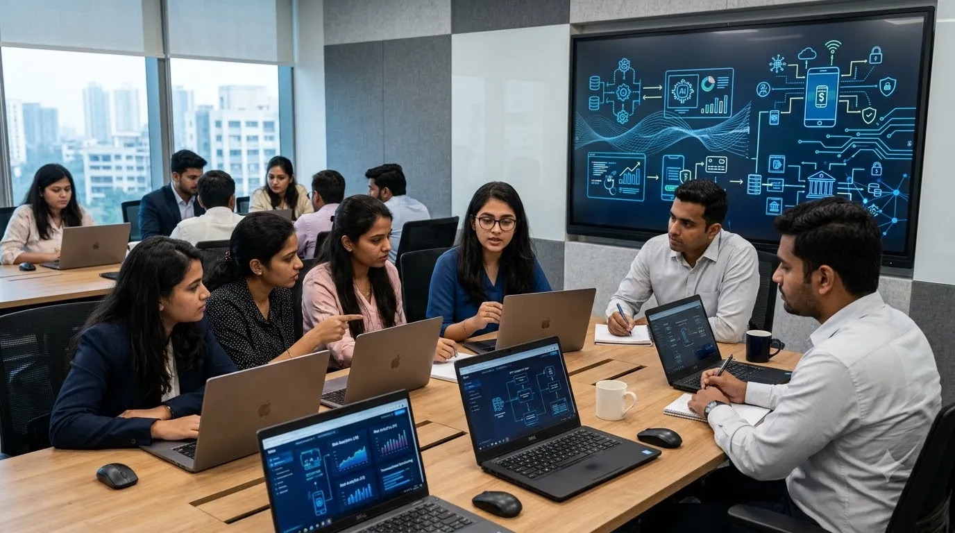 Professionals and students learning about digital financial services and FinTech operations in a modern training environment