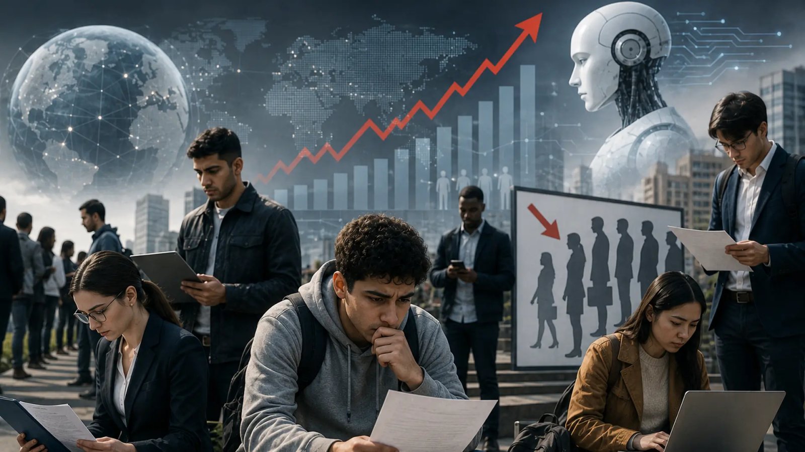 Young professionals searching for jobs in a modern employment environment, representing rising global youth unemployment and changing workforce demands.